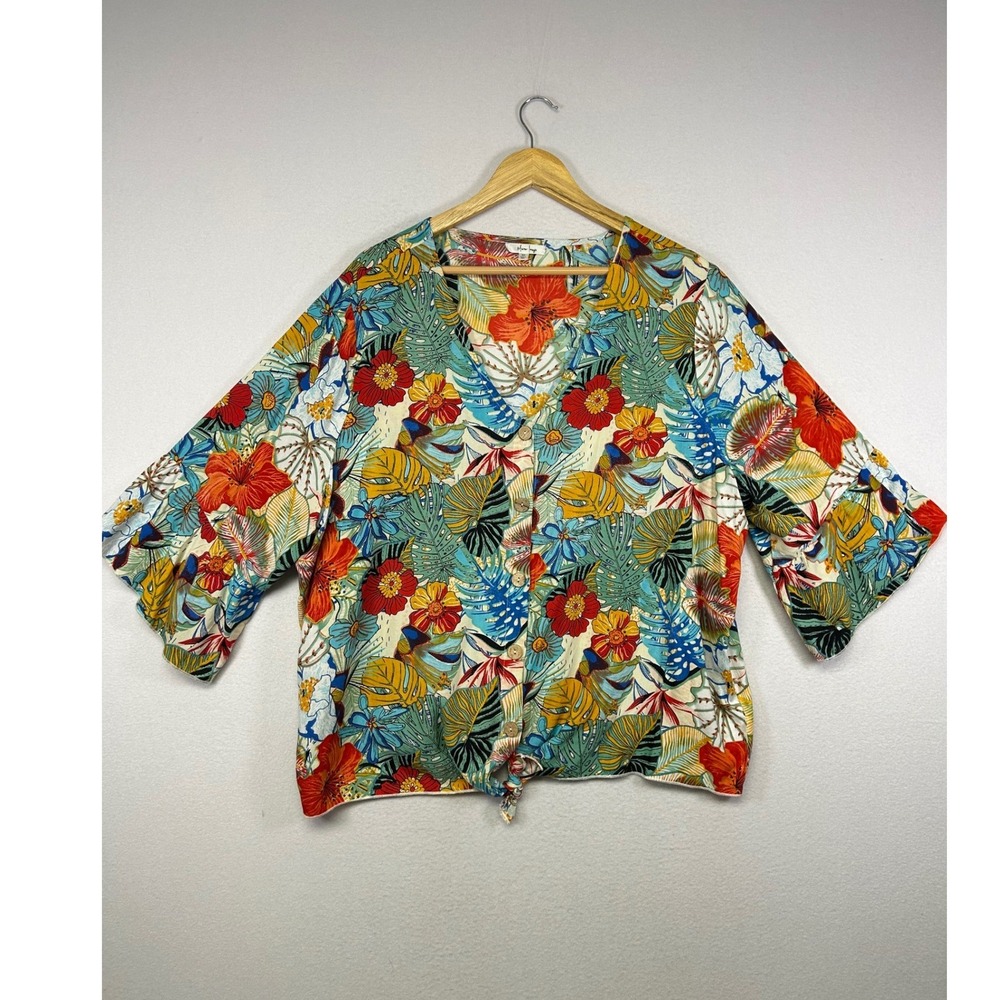 Tropical Boho Mirror Image Womens 3X‎ Multicolor Floral Tie Front Button Top